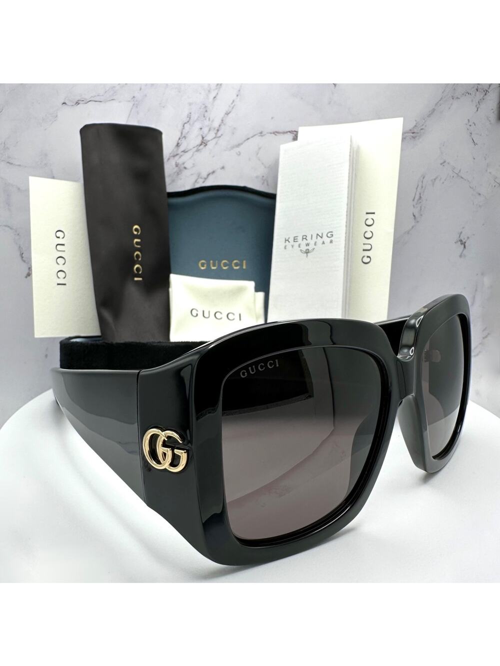New GUCCI Sunglasses Wrap Square Black Gold Metal GG 55-16-130mm Authentic Gucci